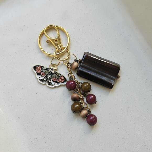 Butterfly Charm Beaded Keychain with Brown Stone Accent - Picture 1 of 7